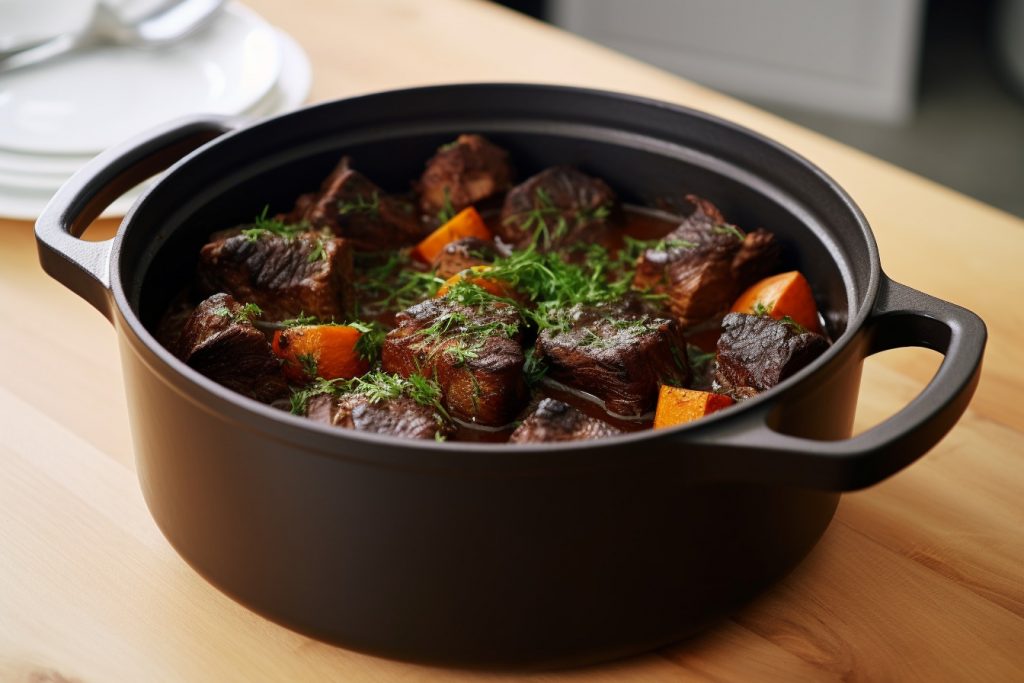 Red Wine Braised Short Ribs cooked in KitchenAid Enameled Cast Iron Dutch Oven
