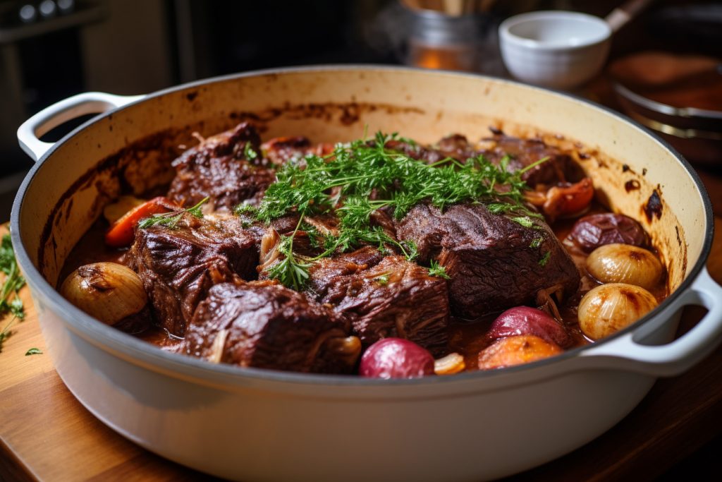 cooking braised short ribs in Smithey Dutch Oven