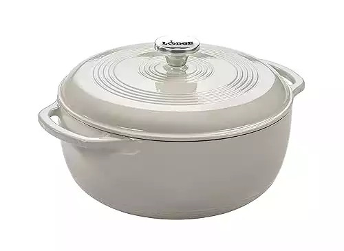 Lodge 6 Quart Enameled Cast Iron Dutch Oven with Lid Dual Handles Oven Safe up to 500 F or on Stovetop - Use to Marinate, Cook, Bake, Refrigerate and Serve Oyster White